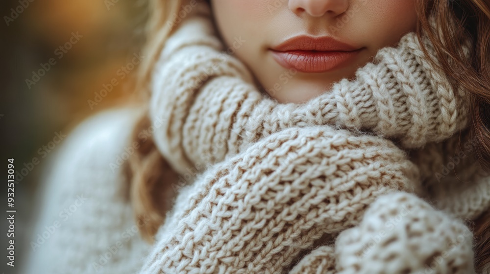 Close-Up of a Woman in a Cozy Knitted Sweater, Highlighting Warmth, Comfort, and Soft Textures, Emphasizing Winter Fashion, Relaxation, and a Comfortable, Hygge-Inspired Look Close-Up of a Woman in a Cozy Knitted Sweater, Highlighting Warmth, Comfort, and Soft Textures, Emphasizing Winter Fashion, Relaxation, and a Comfortable, Hygge-Inspired Look
