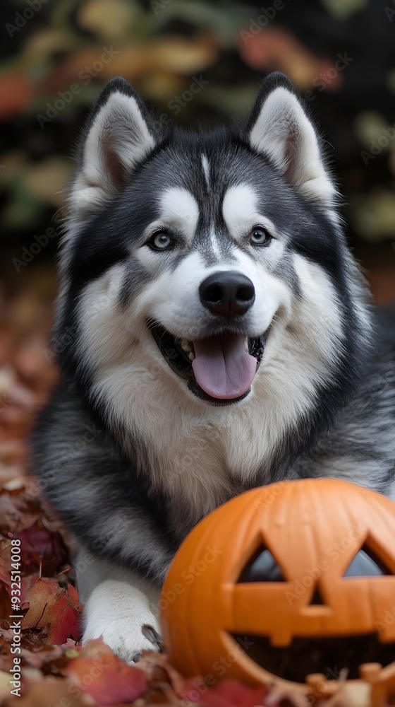 Obraz premium Mysterious Alaskan Malamute Dressed in Halloween Costume Surrounded by Autumn Nature Spooky and Eerie Supernatural Scene in Snowy Alaskan Landscape