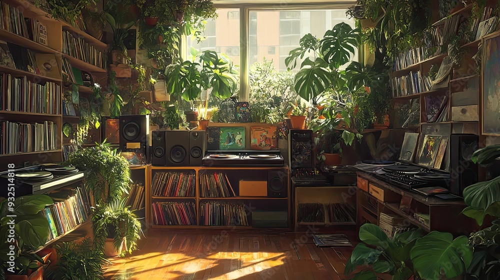 Sunlit Room with Record Player, Bookshelves, and Plants Sunlit Room with Record Player, Bookshelves, and Plants