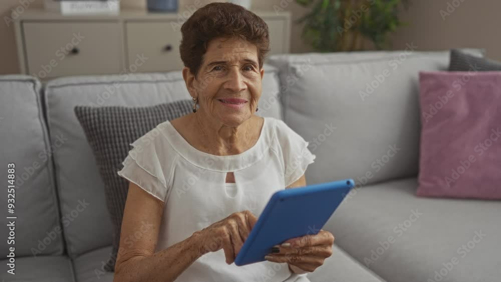 Elderly woman using a tablet while sitting on a sofa in a cozy living room, smiling and enjoying the technology. Elderly woman using a tablet while sitting on a sofa in a cozy living room, smiling and enjoying the technology.