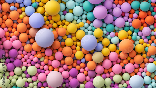 Many bright random pastel colored soft balls background. Colorful balls background for kids zone or children's playroom. Top view of huge pile of colorful balls in different sizes. Vector illustration