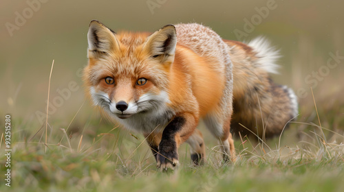 Funny flying Fox. Image of a playful tabby Fox jumping in mid-air while looking at the camera.