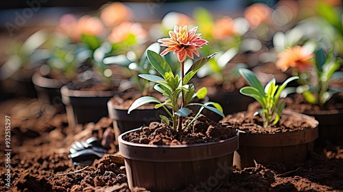 Gardening Concept. Garden Flowers and Plants on a Sunny Background 