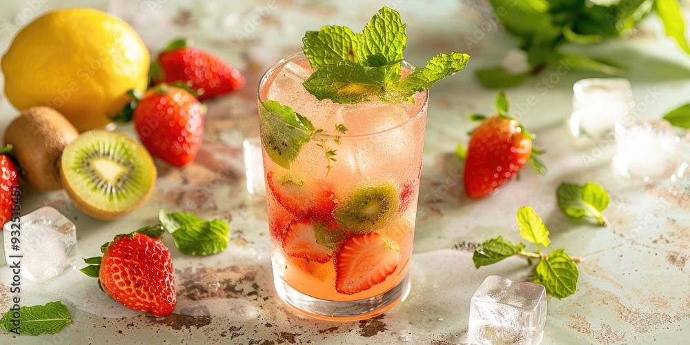Icy Strawberry Lemonade with Fresh Mint Kiwi and Ice Cubes a Refreshing Summer Beverage to Beat the Heat Icy Strawberry Lemonade with Fresh Mint Kiwi and Ice Cubes a Refreshing Summer Beverage to Beat the Heat