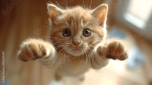 Funny flying Fox. Image of a playful tabby Fox jumping in mid-air while looking at the camera.