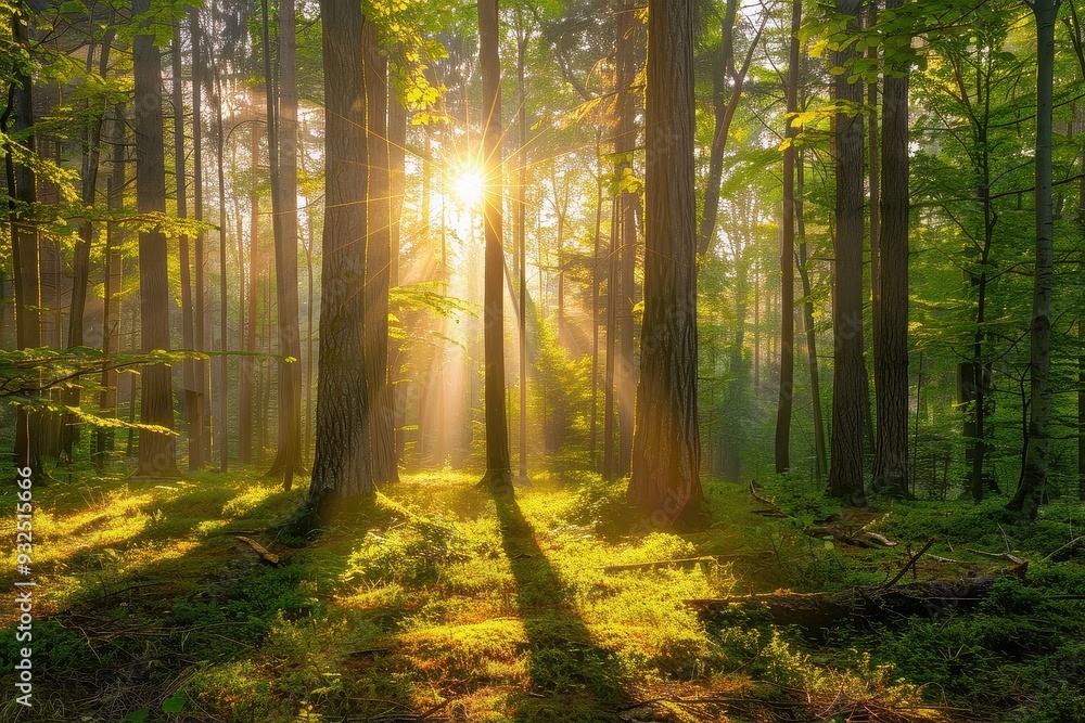 Obraz premium Dawn's Glow Filters Through Forest Shadows