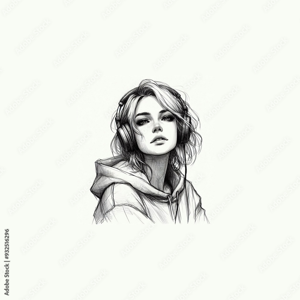 A realistic sketch of a woman wearing a hoodie and headphones. A realistic sketch of a woman wearing a hoodie and headphones.