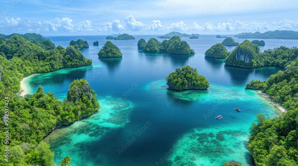Aerial view of islands surrounded by crystal-clear water, with white sandy beaches and lush green vegetation Aerial view of islands surrounded by crystal-clear water, with white sandy beaches and lush green vegetation