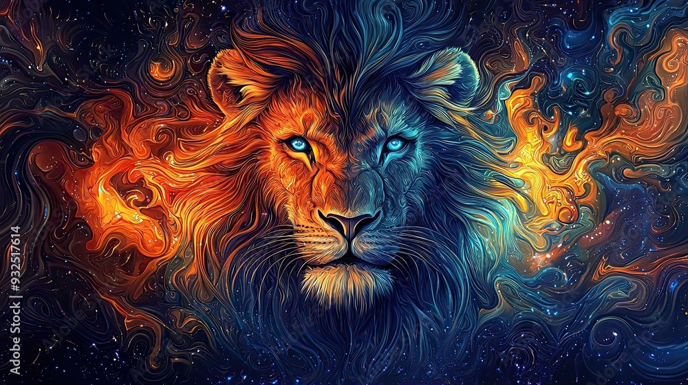 Naklejka premium Lion's Face Emerging from Abstract Cosmic Flames