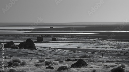 Black and white image of droughts devastating agricultural lands due to climate change photo