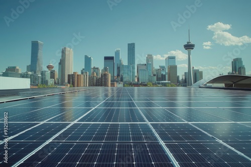 Solar Panel Array on Rooftop with City Skyline in Background