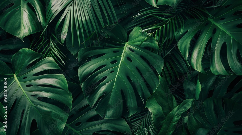 Fototapeta premium closeup nature view of green leaf and palms background. Flat lay, dark nature concept, tropical leaf, ai
