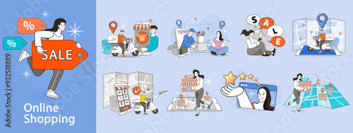 A set of illustrations for online shopping showing the modern omnichannel retail experience. This collection includes concepts like local delivery, click & collect, and order tracking.