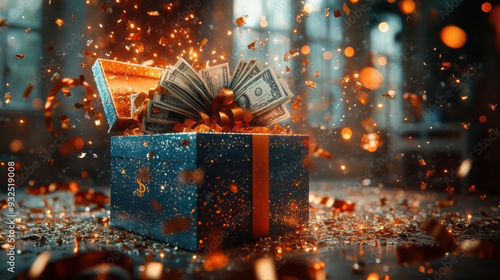 An opened gift box showing a bundle of dollar bills as a New Year's surprise, with celebratory confetti and ribbons in the background An opened gift box showing a bundle of dollar bills as a New Year's surprise, with celebratory confetti and ribbons in the background