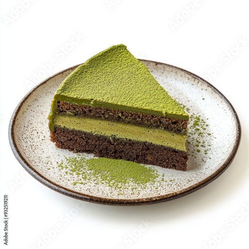 Close up of Plate with Matcha Cake on an isolated white background