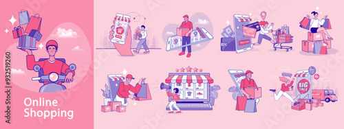 Online shopping and retail sale set. The process of a customer buying on promotion, paying with a credit card, and receiving fast courier delivery. Vector infographic kit for an e-commerce store.