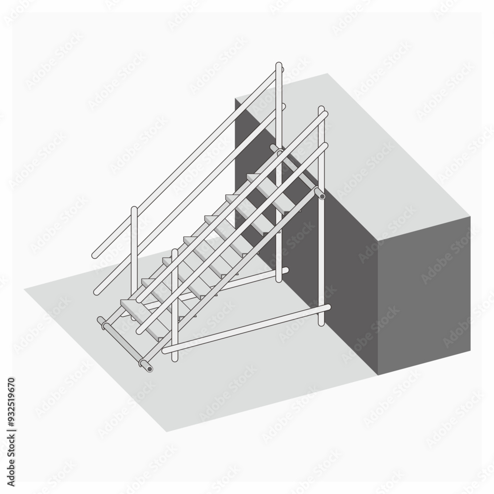 Isometric and 3D view of access ladder installation on the building. Isometric and 3D view of access ladder installation on the building.