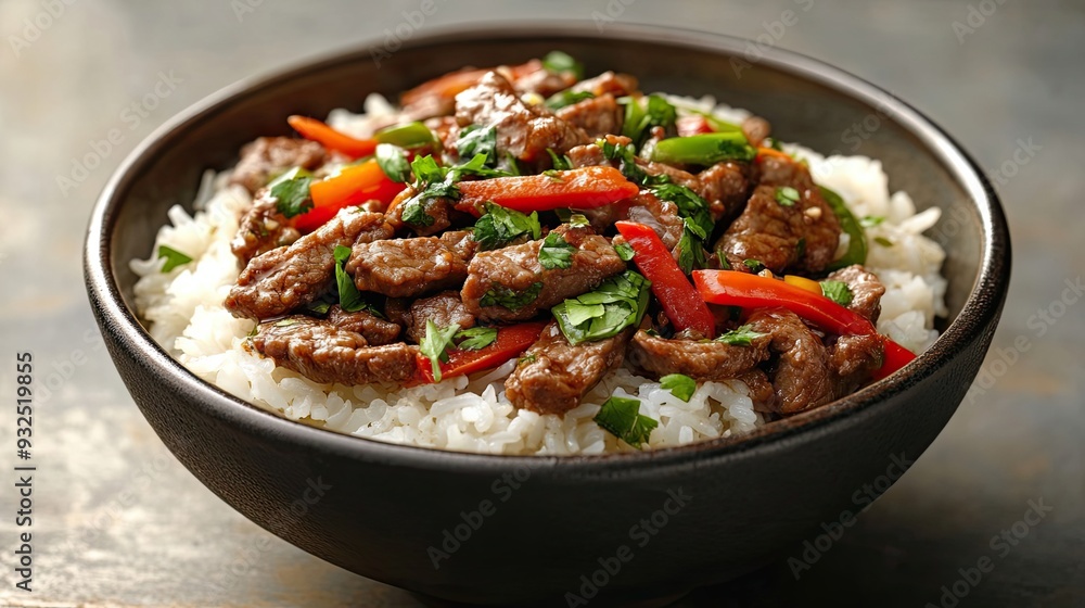 Beef and Bell Pepper Stir-fry Served Over White Rice in a Black Bowl Beef and Bell Pepper Stir-fry Served Over White Rice in a Black Bowl