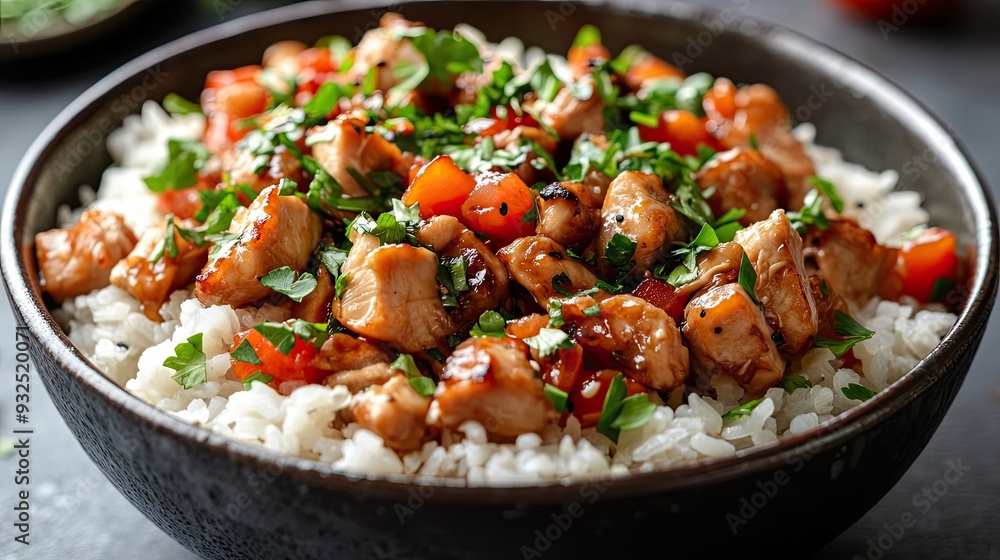 Teriyaki Chicken with Rice and Vegetables in a Black Bowl Teriyaki Chicken with Rice and Vegetables in a Black Bowl