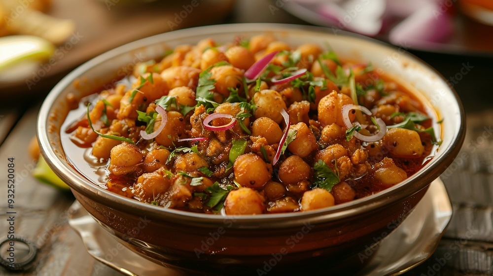 Bowl of Chickpea Curry with Onions and Cilantro