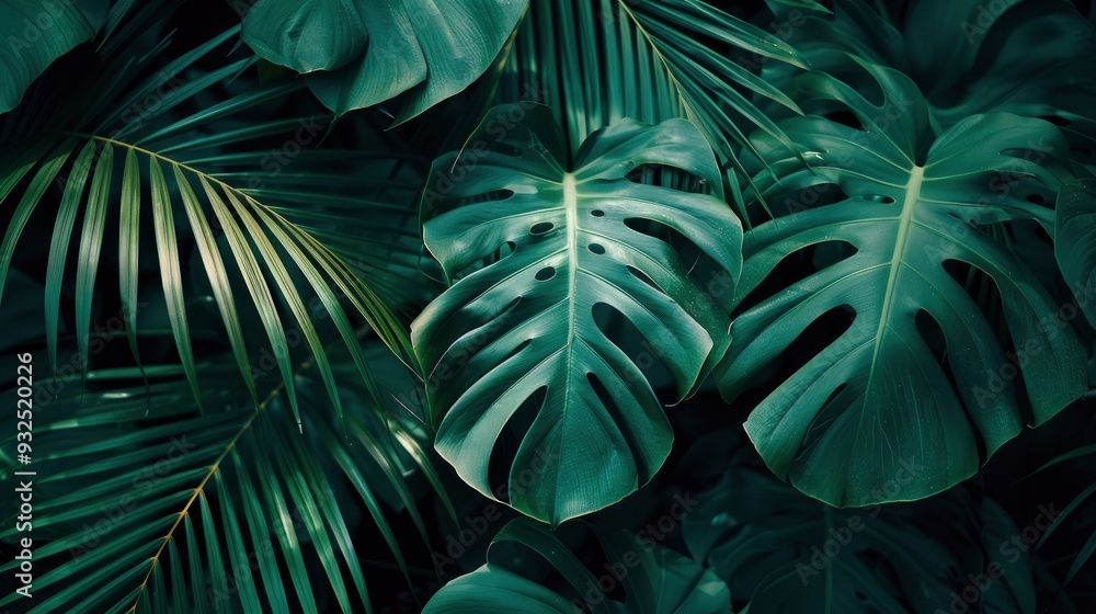 closeup nature view of green leaf and palms background. Flat lay, dark nature concept, tropical leaf, ai closeup nature view of green leaf and palms background. Flat lay, dark nature concept, tropical leaf, ai