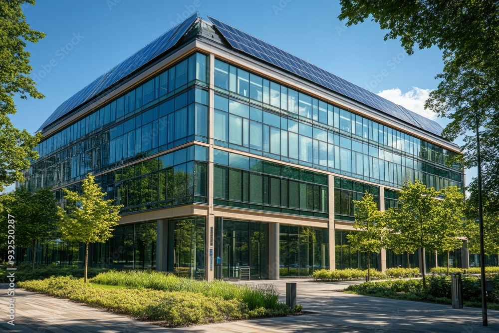 Modern Glass Office Building with Solar Panels and Landscaping Modern Glass Office Building with Solar Panels and Landscaping