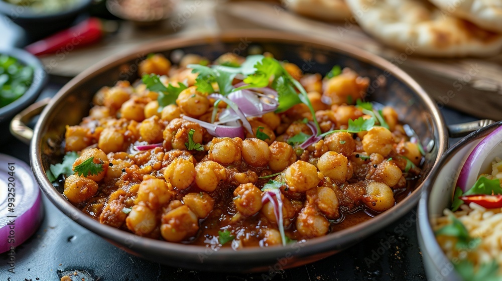 Close-up of Chickpea Curry with Red Onion and Cilantro Close-up of Chickpea Curry with Red Onion and Cilantro