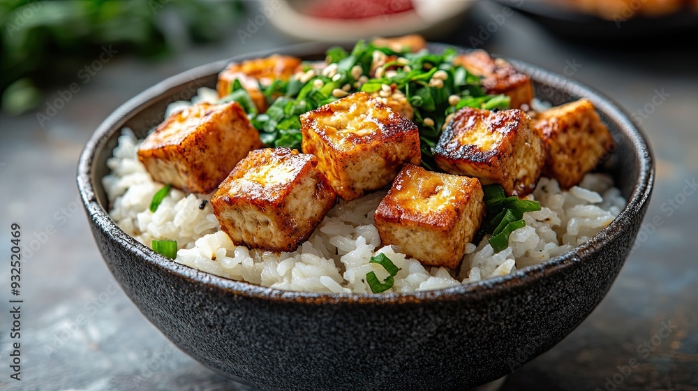 Bowl of Rice with Fried Tofu, Green Onions, and Sesame Seeds Bowl of Rice with Fried Tofu, Green Onions, and Sesame Seeds