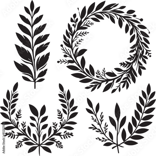 Wreaths and branches with leaves Black Vector Set,  Laurels wreaths, 