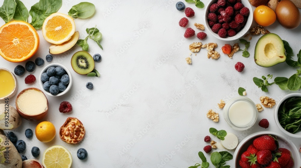 A Variety of Fresh Fruits, Vegetables, and Nuts on a White Background A Variety of Fresh Fruits, Vegetables, and Nuts on a White Background