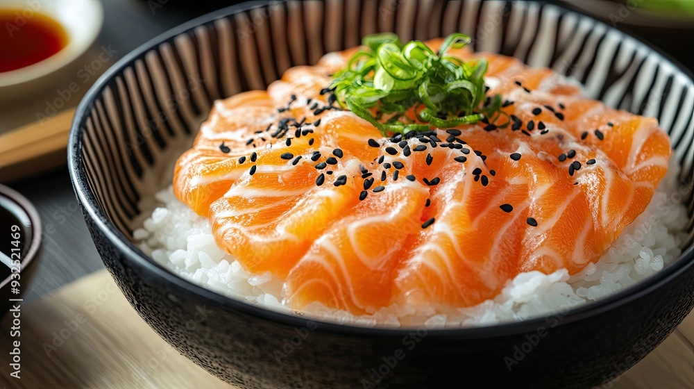 Close-up of Salmon Sashimi with Rice, Green Onions, and Sesame Seeds in a Black Bowl Close-up of Salmon Sashimi with Rice, Green Onions, and Sesame Seeds in a Black Bowl