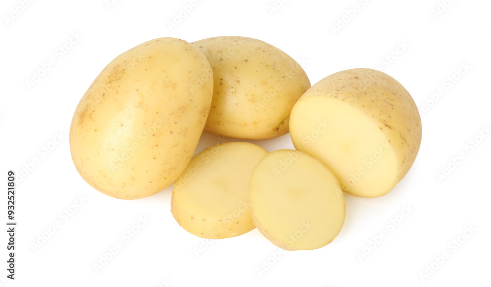 Fresh whole and cut potatoes isolated on white Fresh whole and cut potatoes isolated on white
