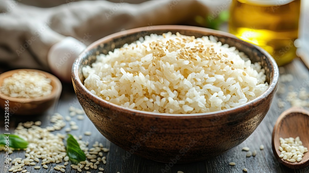 A Bowl of Cooked Rice Topped with Sesame Seeds A Bowl of Cooked Rice Topped with Sesame Seeds