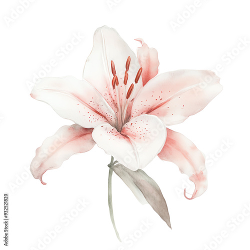 A beautiful watercolor illustration of a pastel pink lily with delicate petals, ideal for nature-themed designs and decorations. photo