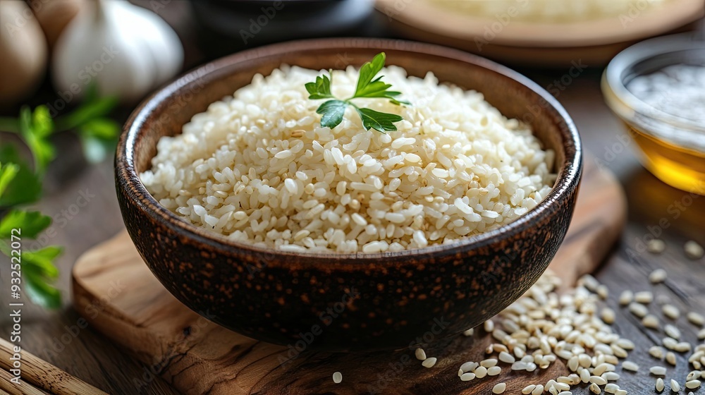 Cooked White Rice with Sesame Seeds and Parsley in a Wooden Bowl Cooked White Rice with Sesame Seeds and Parsley in a Wooden Bowl