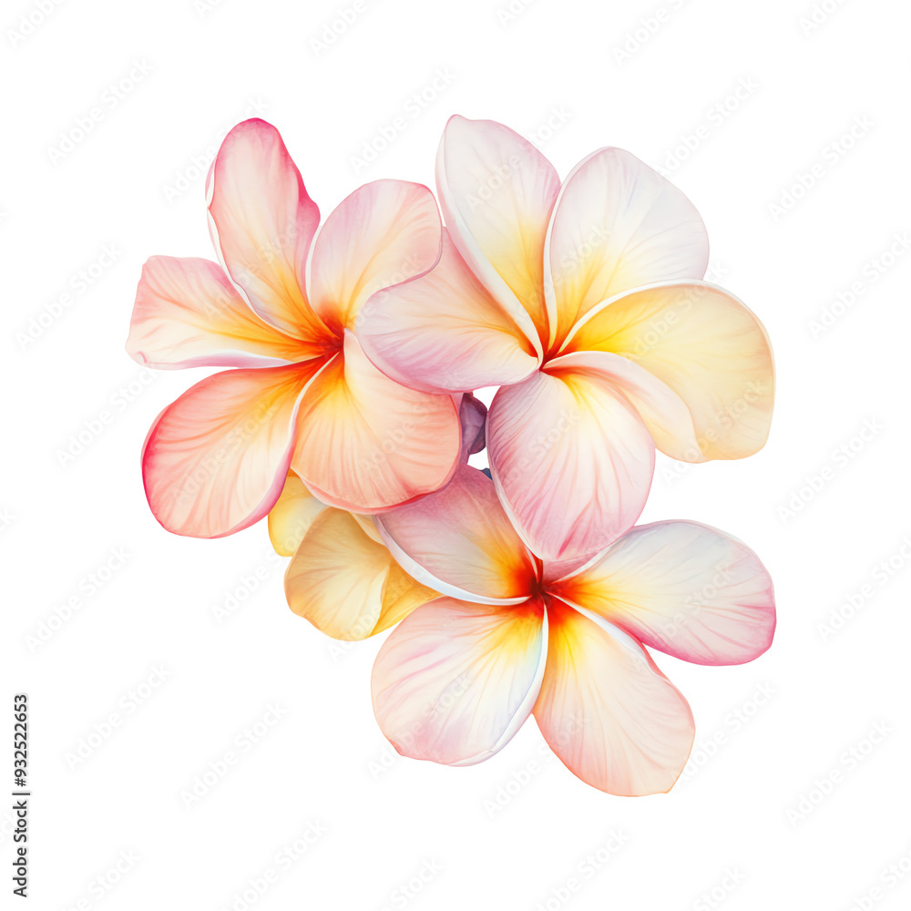 Beautiful close-up of delicate plumeria flowers in full bloom, radiating soft pink and yellow hues against a white background. Beautiful close-up of delicate plumeria flowers in full bloom, radiating soft pink and yellow hues against a white background.