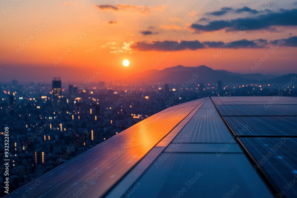 Obraz premium Solar Panels Reflecting Sunset Over Cityscape
