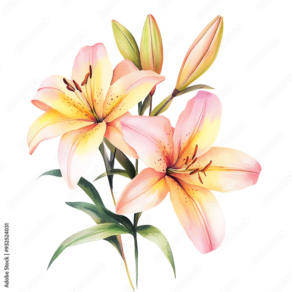 Beautiful watercolor painting of two vibrant lilies in full bloom. Perfect for greeting cards, invitations, and home decor. Beautiful watercolor painting of two vibrant lilies in full bloom. Perfect for greeting cards, invitations, and home decor.