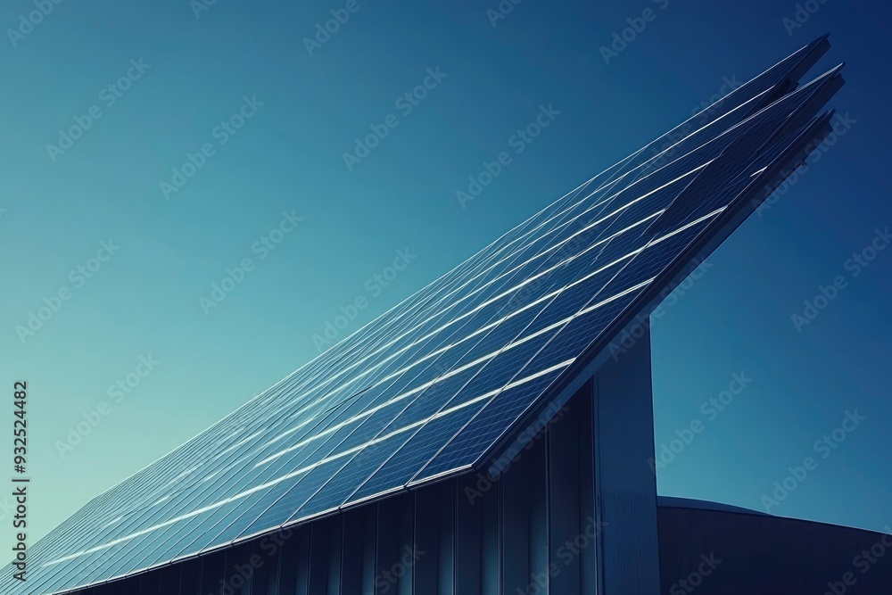 Obraz premium Solar Panels on a Building Against a Blue Sky