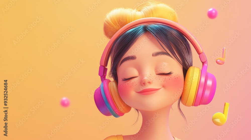 3D cartoon girl enjoying music with vibrant headphones 3D cartoon girl enjoying music with vibrant headphones