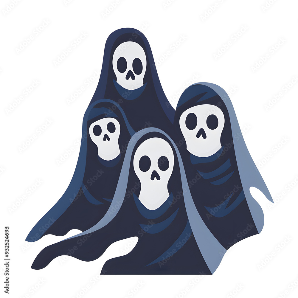 Obraz premium Spectral Gathering: A group of ethereal figures cloaked in shadows, their skeletal faces peering out from beneath the darkness. This haunting illustration evokes a sense of mystery and the unknown, pe