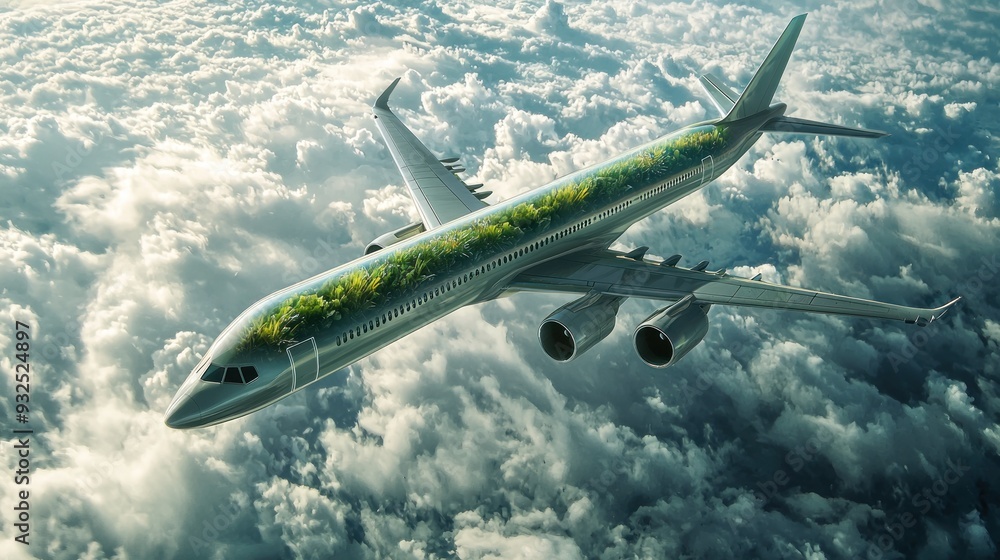 Fototapeta premium Sustainable aviation fuel concept. Net zero emissions flight. Sustainability transportation. Eco-friendly aviation fuel. Air travel. Future of flight with green innovation. Airplane use biofuel energy