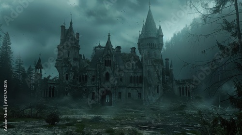 An unsettling, deserted castle looms in the dense forest, shrouded in mist and shadows, evoking a sense of dread and mystery photo