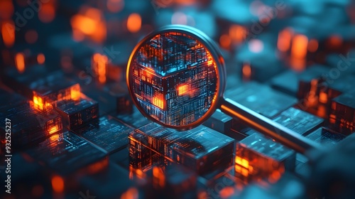 3D Magnifying Glass Dissecting Layers of Digital Data in a Cube Symbolizing Deep Search Capabilities