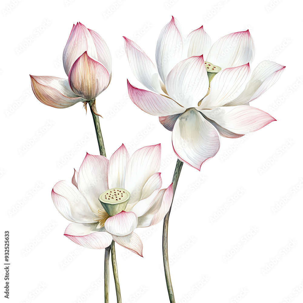 Fototapeta premium Elegant white lotus flowers with pink edges, showcasing natural beauty and serenity in a delicate floral arrangement.