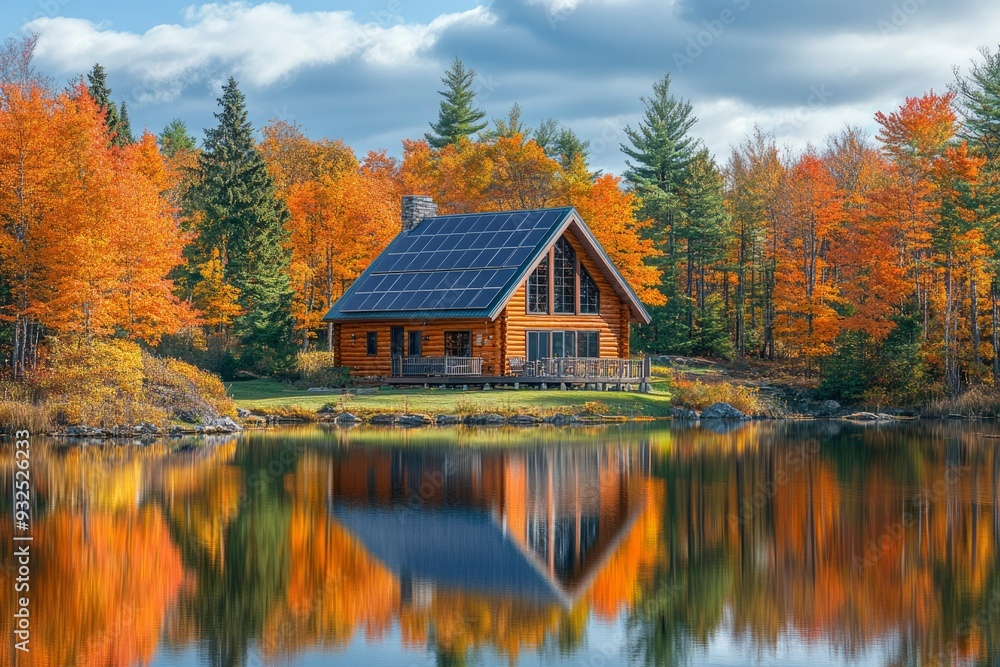 A Log Cabin With Solar Panels in a Fall Forest Reflected in a Still Lake A Log Cabin With Solar Panels in a Fall Forest Reflected in a Still Lake