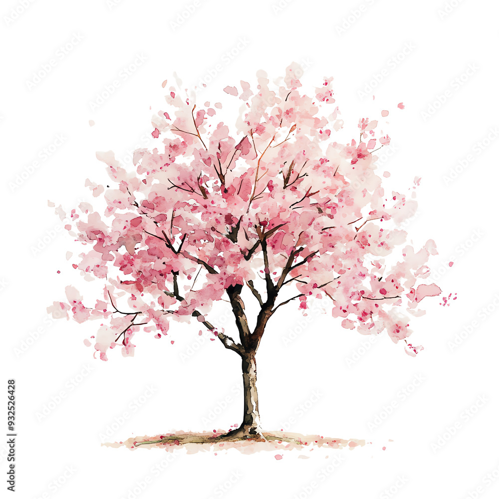 Fototapeta premium Watercolor illustration of a cherry blossom tree in full bloom with delicate pink flowers, representing spring and nature's beauty.