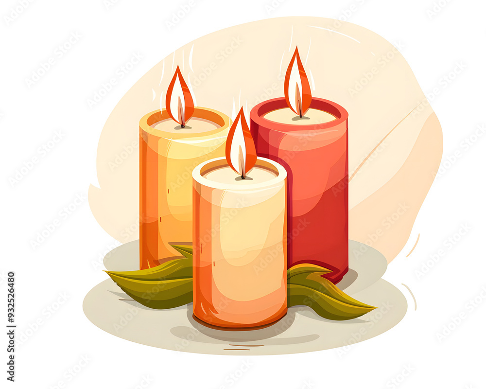 Warmth and Tranquility: Three colorful candles, illuminated by a warm, inviting glow, symbolize peace and serenity. The candles stand on a rustic background, surrounded by green leaves, creating a sen Warmth and Tranquility: Three colorful candles, illuminated by a warm, inviting glow, symbolize peace and serenity. The candles stand on a rustic background, surrounded by green leaves, creating a sen