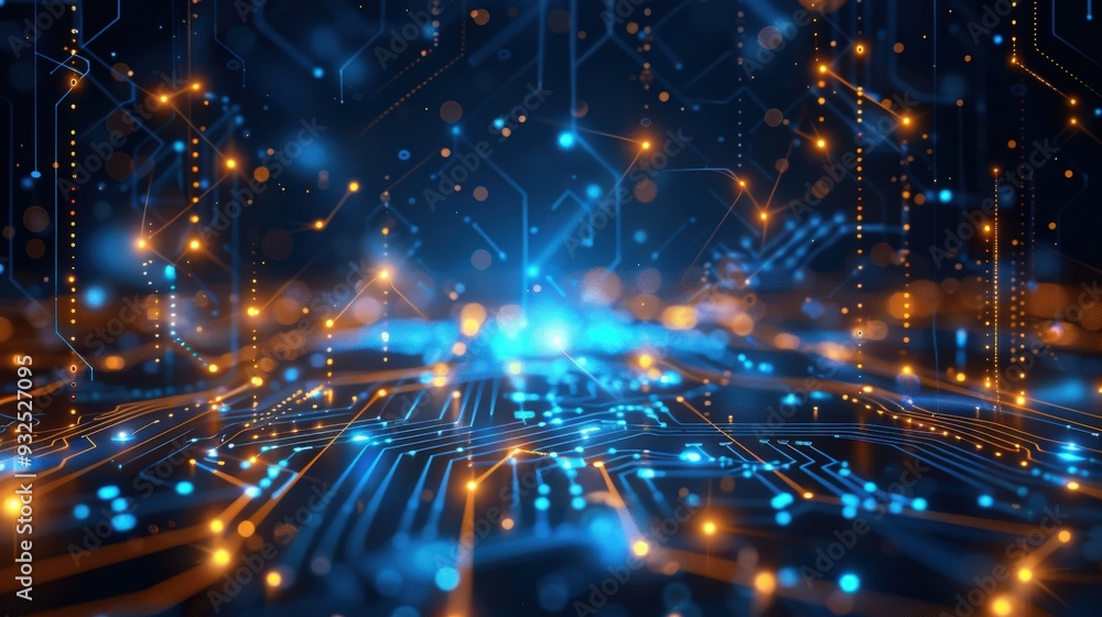 Fototapeta premium Produce an abstract banner with a digital network circuit board design, showcasing blue and black hues, glowing lights, and connected data dots for a big data technology concept