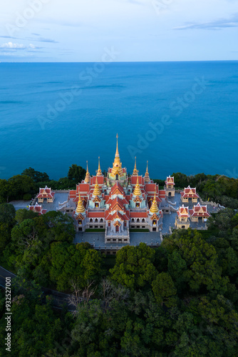 Aerial scenery of Phra Mahathat Chedi Phakdee Prakat temple onThong Chai Hill in Prachuap Khiri Khan province, Thailand